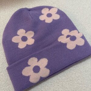 Earthbound Purple Floral Beanie Hat - White Flower Pattern